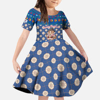 Korea Christmas Family Matching Off The Shoulder Long Sleeve Dress and Hawaiian Shirt with Bear in Hanbok National Emblem and Traditional Boat Pattern Design - Wonder Print Shop