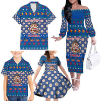 Korea Christmas Family Matching Off The Shoulder Long Sleeve Dress and Hawaiian Shirt with Bear in Hanbok National Emblem and Traditional Boat Pattern Design - Wonder Print Shop