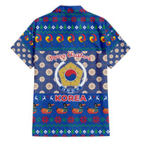 Korea Christmas Family Matching Off The Shoulder Long Sleeve Dress and Hawaiian Shirt with Bear in Hanbok National Emblem and Traditional Boat Pattern Design - Wonder Print Shop