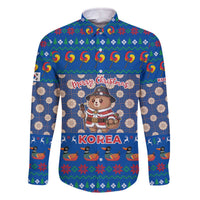 Korea Christmas Family Matching Off The Shoulder Long Sleeve Dress and Hawaiian Shirt with Bear in Hanbok National Emblem and Traditional Boat Pattern Design - Wonder Print Shop