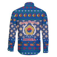 Korea Christmas Family Matching Off The Shoulder Long Sleeve Dress and Hawaiian Shirt with Bear in Hanbok National Emblem and Traditional Boat Pattern Design - Wonder Print Shop