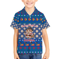 Korea Christmas Family Matching Off The Shoulder Long Sleeve Dress and Hawaiian Shirt with Bear in Hanbok National Emblem and Traditional Boat Pattern Design - Wonder Print Shop