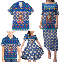 Korea Christmas Family Matching Puletasi and Hawaiian Shirt with Bear in Hanbok National Emblem and Traditional Boat Pattern Design - Wonder Print Shop