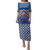 Korea Christmas Family Matching Puletasi and Hawaiian Shirt with Bear in Hanbok National Emblem and Traditional Boat Pattern Design - Wonder Print Shop