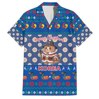 Korea Christmas Family Matching Short Sleeve Bodycon Dress and Hawaiian Shirt with Bear in Hanbok National Emblem and Traditional Boat Pattern Design - Wonder Print Shop
