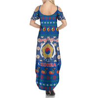 Korea Christmas Family Matching Summer Maxi Dress and Hawaiian Shirt with Bear in Hanbok National Emblem and Traditional Boat Pattern Design - Wonder Print Shop
