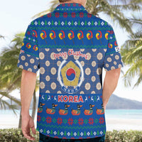 Korea Christmas Hawaiian Shirt with Bear in Hanbok National Emblem and Traditional Boat Pattern Design - Wonder Print Shop