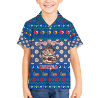 Korea Christmas Hawaiian Shirt with Bear in Hanbok National Emblem and Traditional Boat Pattern Design - Wonder Print Shop