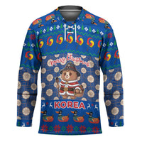 Korea Christmas Hockey Jersey with Bear in Hanbok National Emblem and Traditional Boat Pattern Design - Wonder Print Shop