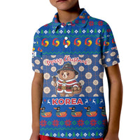 Korea Christmas Kid Polo Shirt with Bear in Hanbok National Emblem and Traditional Boat Pattern Design - Wonder Print Shop