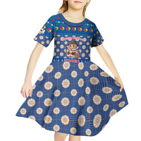 Korea Christmas Kid Short Sleeve Dress with Bear in Hanbok National Emblem and Traditional Boat Pattern Design - Wonder Print Shop