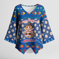 Korea Christmas Kimono Sleeve Blouse with Bear in Hanbok National Emblem and Traditional Boat Pattern Design - Wonder Print Shop