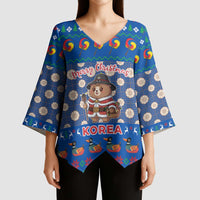 Korea Christmas Kimono Sleeve Blouse with Bear in Hanbok National Emblem and Traditional Boat Pattern Design - Wonder Print Shop