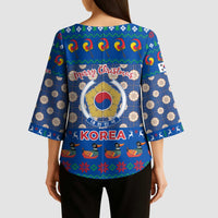 Korea Christmas Kimono Sleeve Blouse with Bear in Hanbok National Emblem and Traditional Boat Pattern Design - Wonder Print Shop