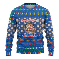 Korea Christmas Ugly Christmas Sweater with Bear in Hanbok National Emblem and Traditional Boat Pattern Design - Wonder Print Shop