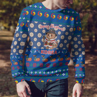 Korea Christmas Ugly Christmas Sweater with Bear in Hanbok National Emblem and Traditional Boat Pattern Design - Wonder Print Shop
