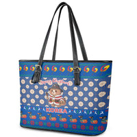 Korea Christmas Leather Tote Bag with Bear in Hanbok National Emblem and Traditional Boat Pattern Design - Wonder Print Shop