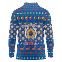 Korea Christmas Long Sleeve Polo Shirt with Bear in Hanbok National Emblem and Traditional Boat Pattern Design - Wonder Print Shop