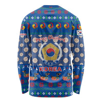 Korea Christmas Long Sleeve Shirt with Bear in Hanbok National Emblem and Traditional Boat Pattern Design - Wonder Print Shop