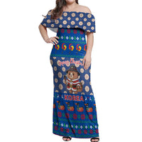 Korea Christmas Off Shoulder Maxi Dress with Bear in Hanbok National Emblem and Traditional Boat Pattern Design - Wonder Print Shop