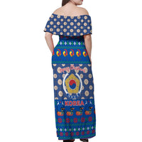 Korea Christmas Off Shoulder Maxi Dress with Bear in Hanbok National Emblem and Traditional Boat Pattern Design - Wonder Print Shop