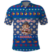 Korea Christmas Polo Shirt with Bear in Hanbok National Emblem and Traditional Boat Pattern Design - Wonder Print Shop