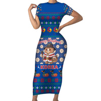 Korea Christmas Short Sleeve Bodycon Dress with Bear in Hanbok National Emblem and Traditional Boat Pattern Design - Wonder Print Shop