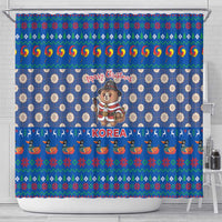 Korea Christmas Shower Curtain with Bear in Hanbok National Emblem and Traditional Boat Pattern Design - Wonder Print Shop