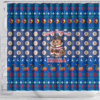 Korea Christmas Shower Curtain with Bear in Hanbok National Emblem and Traditional Boat Pattern Design - Wonder Print Shop