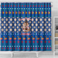 Korea Christmas Shower Curtain with Bear in Hanbok National Emblem and Traditional Boat Pattern Design - Wonder Print Shop