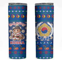 Korea Christmas Skinny Tumbler with Bear in Hanbok National Emblem and Traditional Boat Pattern Design - Wonder Print Shop