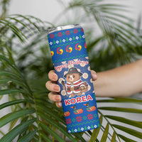 Korea Christmas Skinny Tumbler with Bear in Hanbok National Emblem and Traditional Boat Pattern Design - Wonder Print Shop
