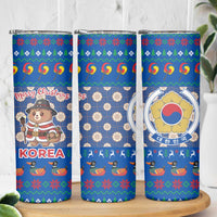 Korea Christmas Skinny Tumbler with Bear in Hanbok National Emblem and Traditional Boat Pattern Design - Wonder Print Shop