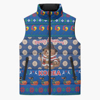 Korea Christmas Sleeveless Puffer Jacket with Bear in Hanbok National Emblem and Traditional Boat Pattern Design - Wonder Print Shop