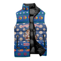 Korea Christmas Sleeveless Puffer Jacket with Bear in Hanbok National Emblem and Traditional Boat Pattern Design - Wonder Print Shop