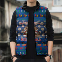 Korea Christmas Sleeveless Puffer Jacket with Bear in Hanbok National Emblem and Traditional Boat Pattern Design - Wonder Print Shop