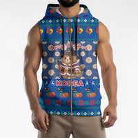 Korea Christmas Sleeveless Zip Hoodie with Bear in Hanbok National Emblem and Traditional Boat Pattern Design - Wonder Print Shop