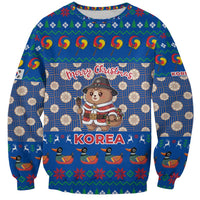 Korea Christmas Sweatshirt with Bear in Hanbok National Emblem and Traditional Boat Pattern Design - Wonder Print Shop