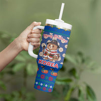 Korea Christmas Tumbler With Handle with Bear in Hanbok National Emblem and Traditional Boat Pattern Design - Wonder Print Shop
