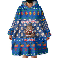 Korea Christmas Wearable Blanket Hoodie with Bear in Hanbok National Emblem and Traditional Boat Pattern Design - Wonder Print Shop