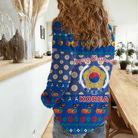 Korea Christmas Women Casual Shirt with Bear in Hanbok National Emblem and Traditional Boat Pattern Design - Wonder Print Shop