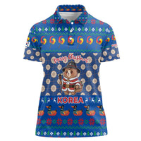 Korea Christmas Women Polo Shirt with Bear in Hanbok National Emblem and Traditional Boat Pattern Design - Wonder Print Shop