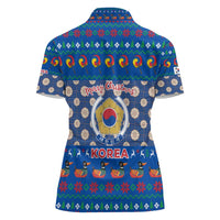 Korea Christmas Women Polo Shirt with Bear in Hanbok National Emblem and Traditional Boat Pattern Design - Wonder Print Shop