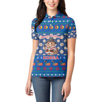 Korea Christmas Women Polo Shirt with Bear in Hanbok National Emblem and Traditional Boat Pattern Design - Wonder Print Shop