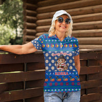 Korea Christmas Women Polo Shirt with Bear in Hanbok National Emblem and Traditional Boat Pattern Design - Wonder Print Shop