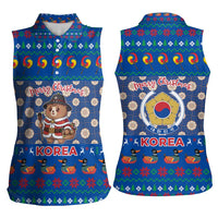 Korea Christmas Women Sleeveless Polo Shirt with Bear in Hanbok National Emblem and Traditional Boat Pattern Design - Wonder Print Shop