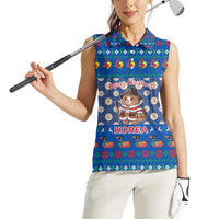 Korea Christmas Women Sleeveless Polo Shirt with Bear in Hanbok National Emblem and Traditional Boat Pattern Design - Wonder Print Shop