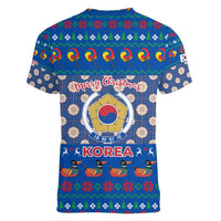 Korea Christmas Women V-Neck T-Shirt with Bear in Hanbok National Emblem and Traditional Boat Pattern Design - Wonder Print Shop