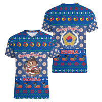 Korea Christmas Women V-Neck T-Shirt with Bear in Hanbok National Emblem and Traditional Boat Pattern Design - Wonder Print Shop
