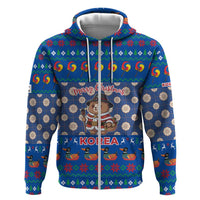 Korea Christmas Zip Hoodie with Bear in Hanbok National Emblem and Traditional Boat Pattern Design - Wonder Print Shop